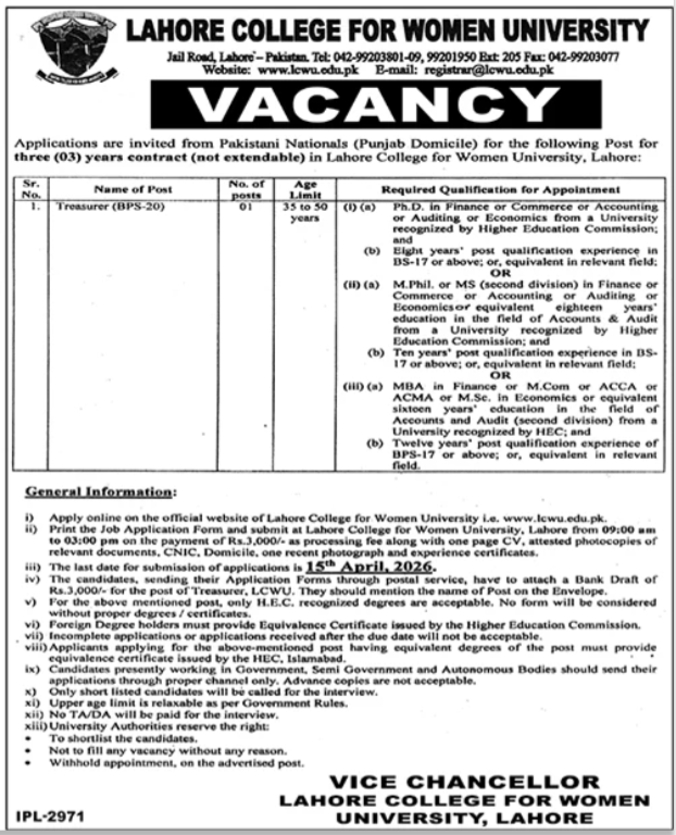 Lahore College For Women University LCWU Job Notice 2026 – Lahore College for Women University Lahore Jobs 2026 — original advertisement