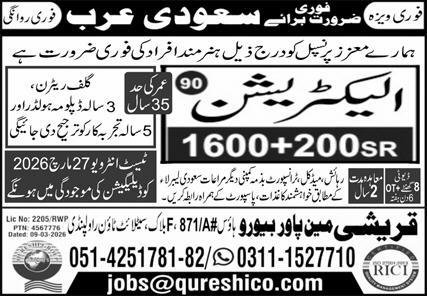 Electrician Jobs Open In Saudi Arabia 2026 – Qureshi Manpower Bureau Jobs 2026 — original advertisement