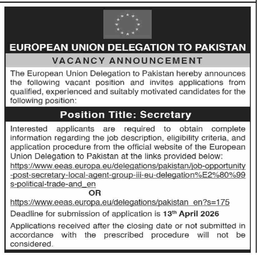 European Union Delegation To Pakistan EEAS Jobs 2026 – Public Sector Organization Jobs 2026 — original advertisement