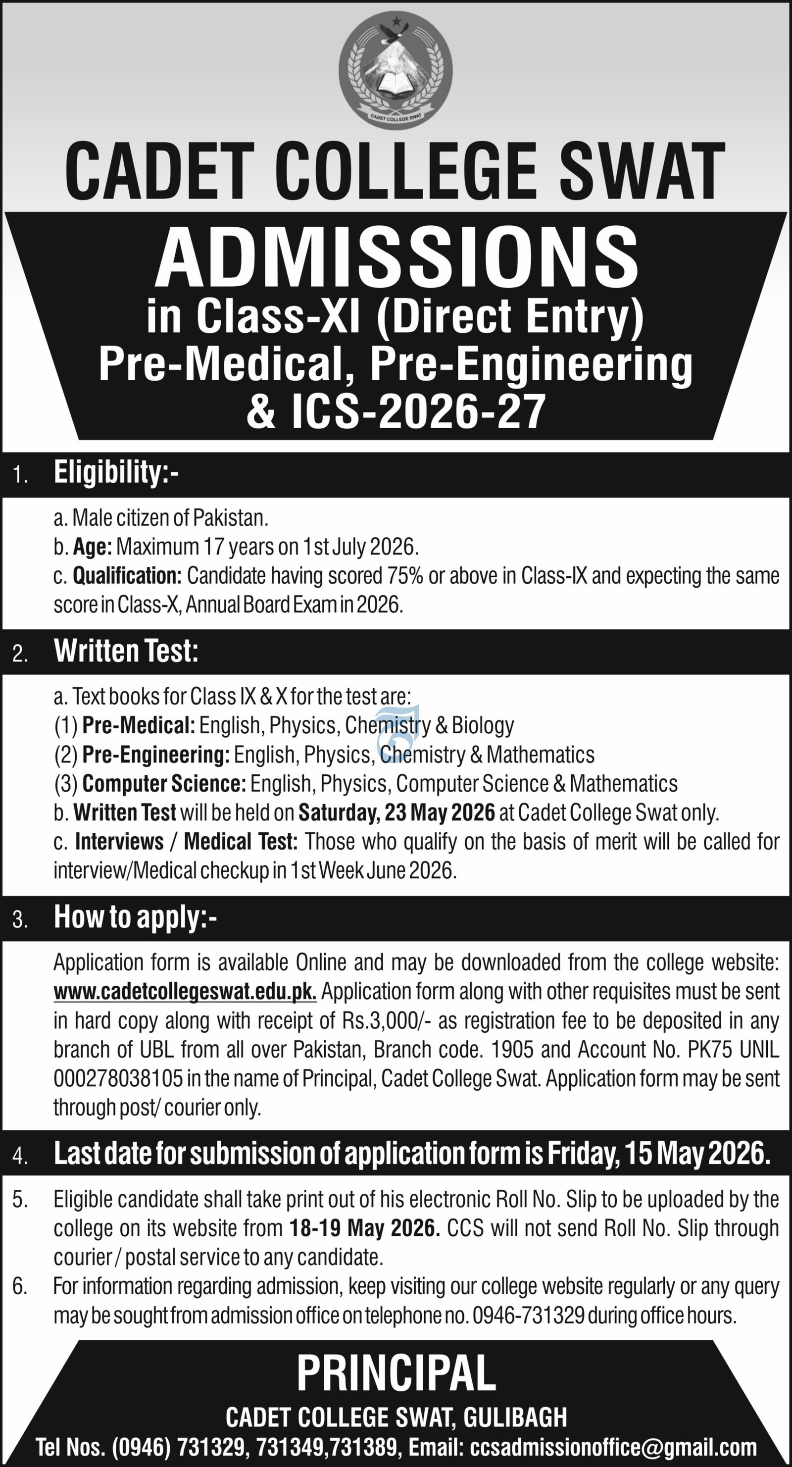 Admission Open in Cadet College Swat Khyber Paktunkhwa 2026 Admissions 2026 — original advertisement