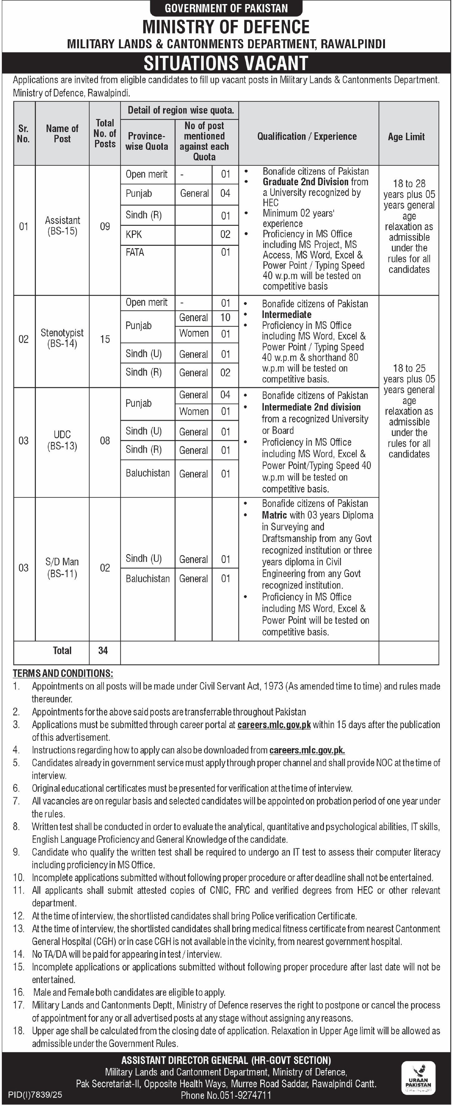 Ministry of Defence Rawalpindi Jobs 2026 – Ministry of Defence Pakistan Jobs 2026 — original advertisement