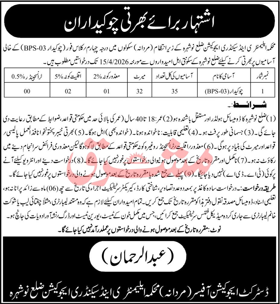 Elementary and Secondary Education Department Nowshera Job – Elementary & Secondary Education Department KPK Jobs 2026 — original advertisement