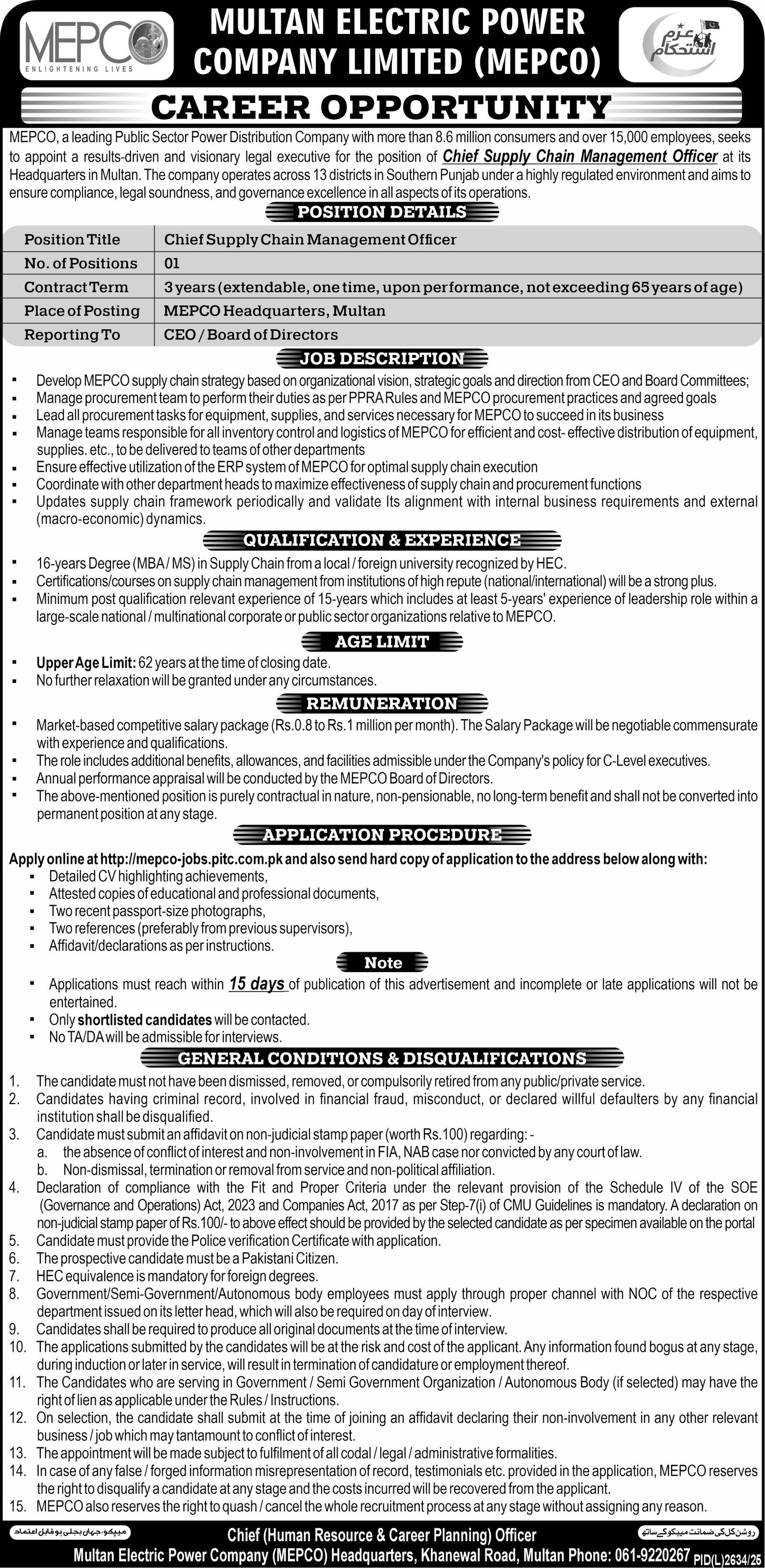 Multan Electric Power Company MEPCO Multan Jobs 2026 – Multan Electric Power Company Limited Jobs 2026 — original advertisement