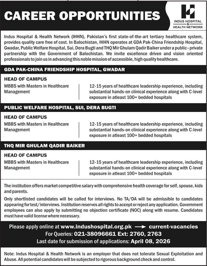Indus Hospital & Health Network Quetta Jobs 2026 Jobs 2026 — original advertisement