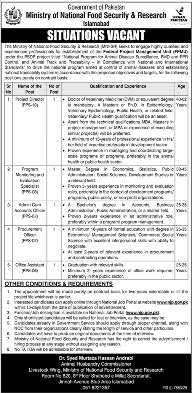 Ministry Of National Food Security & Research MNFSR Jobs Jobs 2026 — original advertisement