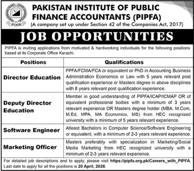 Pakistan Institute Of Public Finance Accountants PIPFA Jobs Jobs 2026 — original advertisement