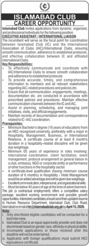 Islamabad Club Jobs 2026 Jobs 2026 — original advertisement