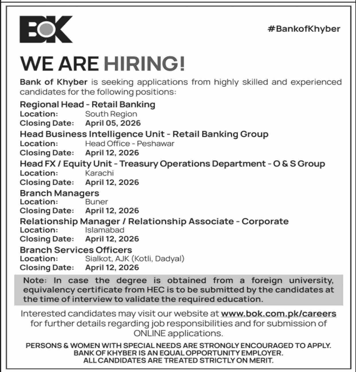 The Bank of Khyber BOK Jobs 2026 Jobs 2026 — original advertisement