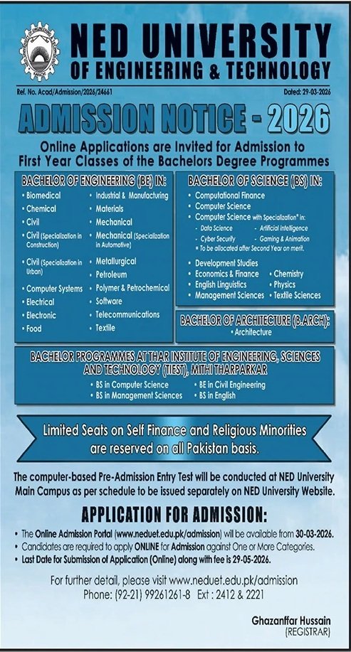 Admission Open in Ned University of Engineering & Technology – NED University of Engineering and Technology Admissions 2026 — original advertisement