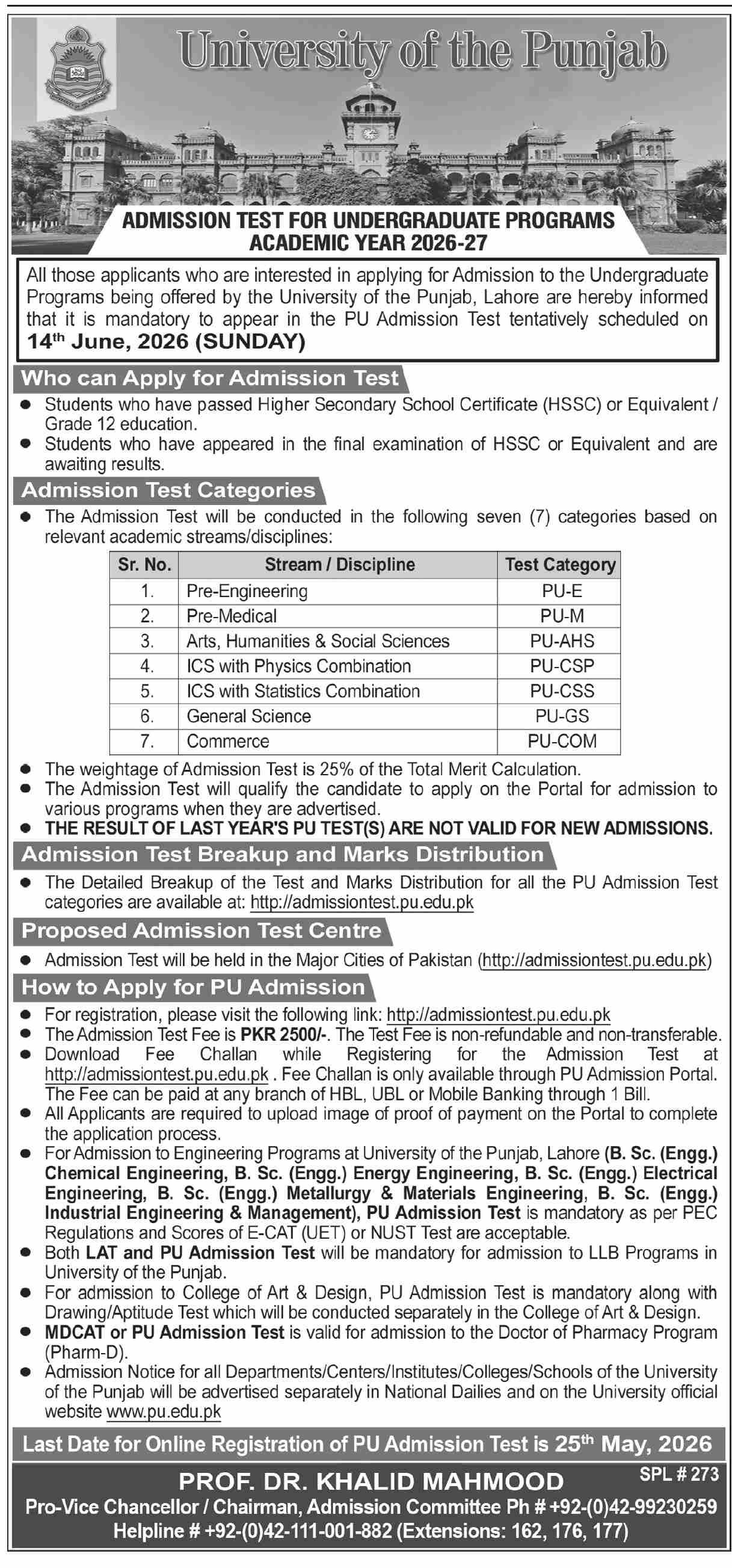 Admission Open in University of Punjab 2026 Admissions 2026 — original advertisement
