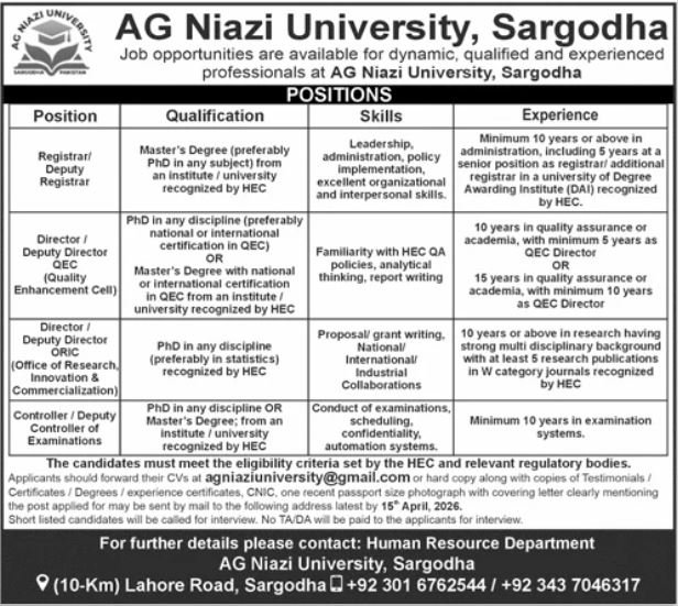 AG Niazi University Sargodha Jobs 2026 – Niazi Medical and Dental College Sargodha Jobs 2026 — original advertisement