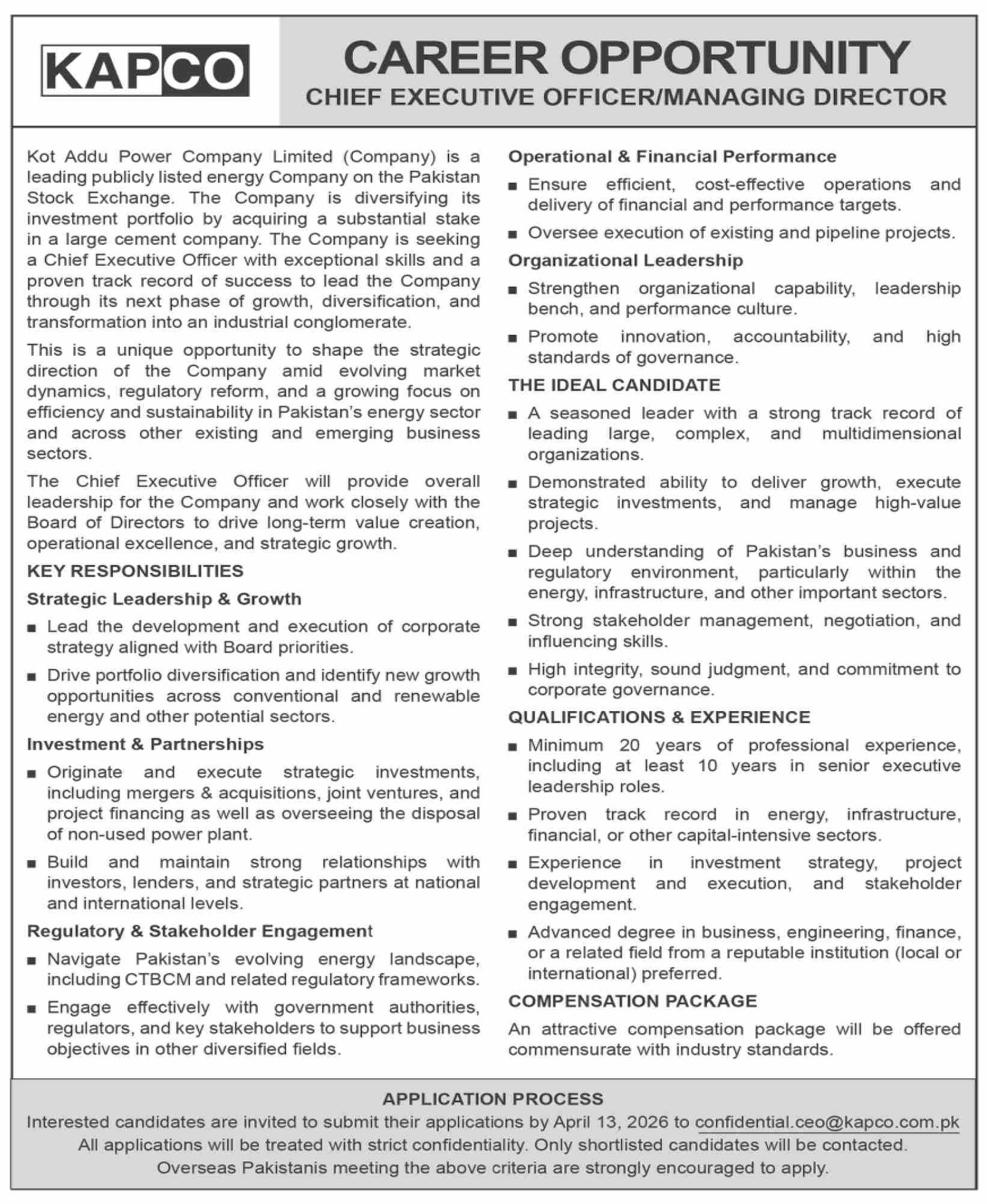 Kot Addu Power Company Limited Jobs 2026 – Private Company Jobs 2026 — original advertisement
