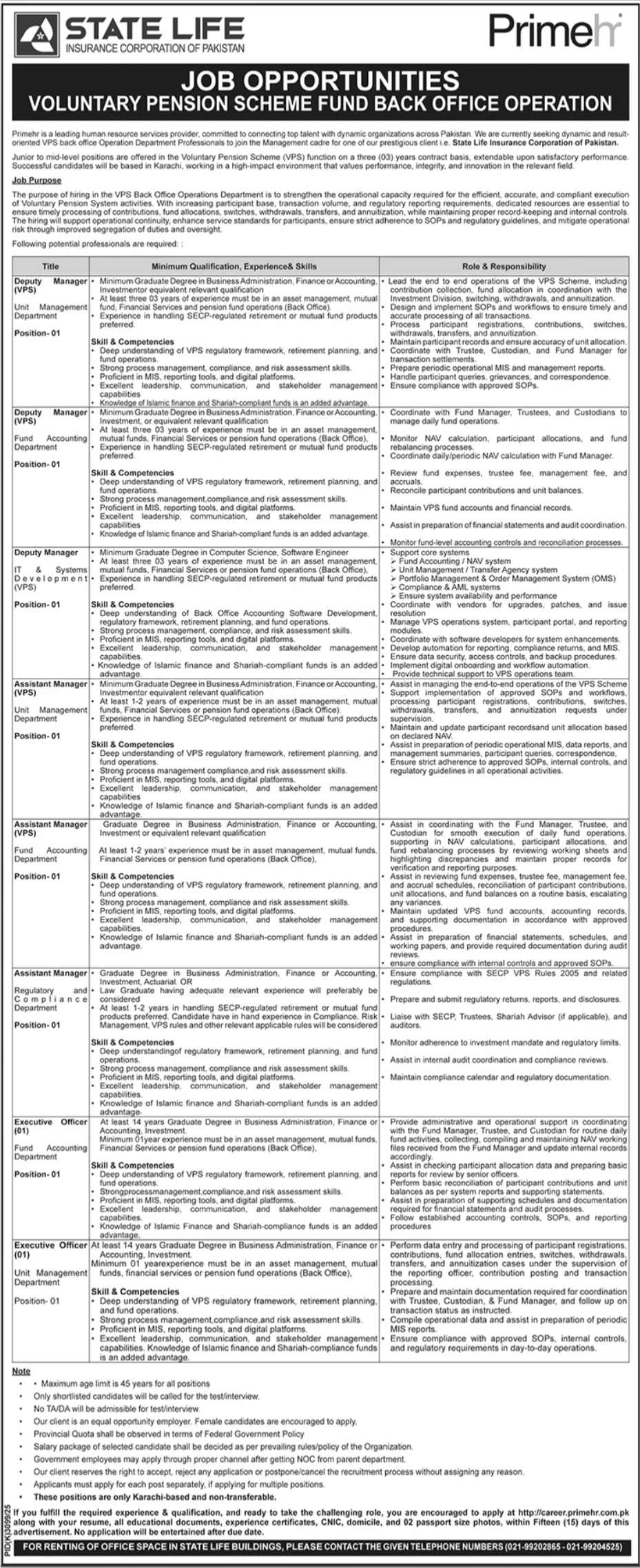 State Life Insurance Corporation Of Pakistan Jobs Jobs 2026 — original advertisement