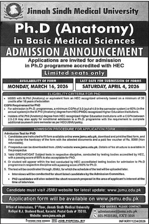 Admission Open in Jinnah Sindh Medical University 2026 – Jinnah Sindh Medical University Karachi Admissions 2026 — original advertisement