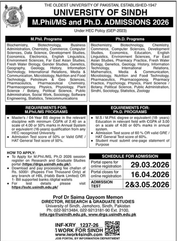 Admission Open in University of Sindh Jamsharo 2026 – University of Sindh Jamshoro Admissions 2026 — original advertisement