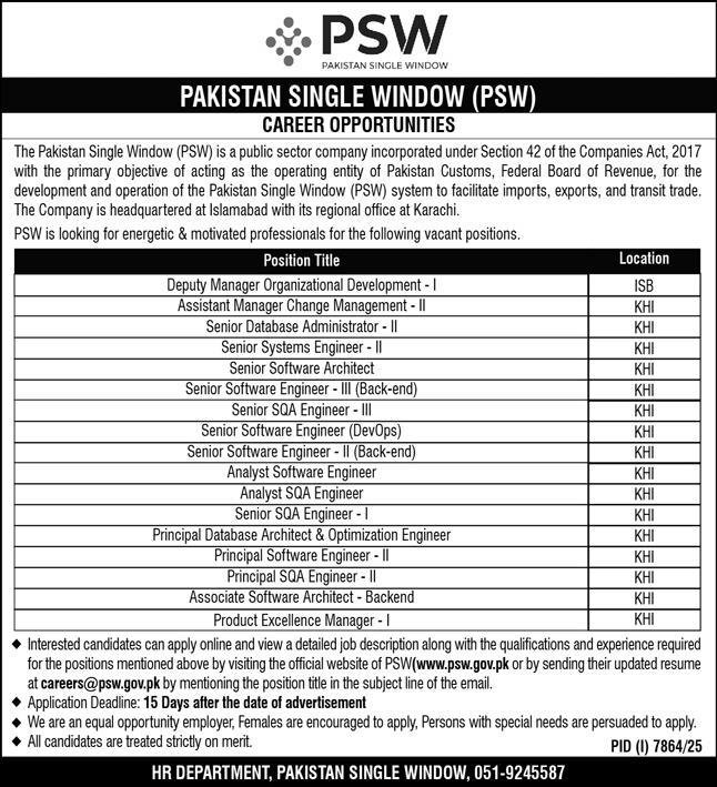 Pakistan Single Window Karachi Jobs 2026 – Pakistan Single Window PSW Jobs 2026 — original advertisement