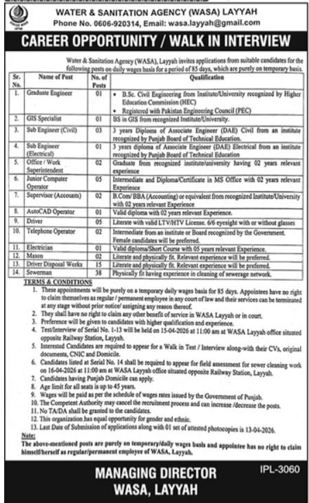 Water And Sanitation Agency WASA Layyah Jobs 2026 – Water and Sanitation Agency (LDA) Lahore Jobs 2026 — original advertisement
