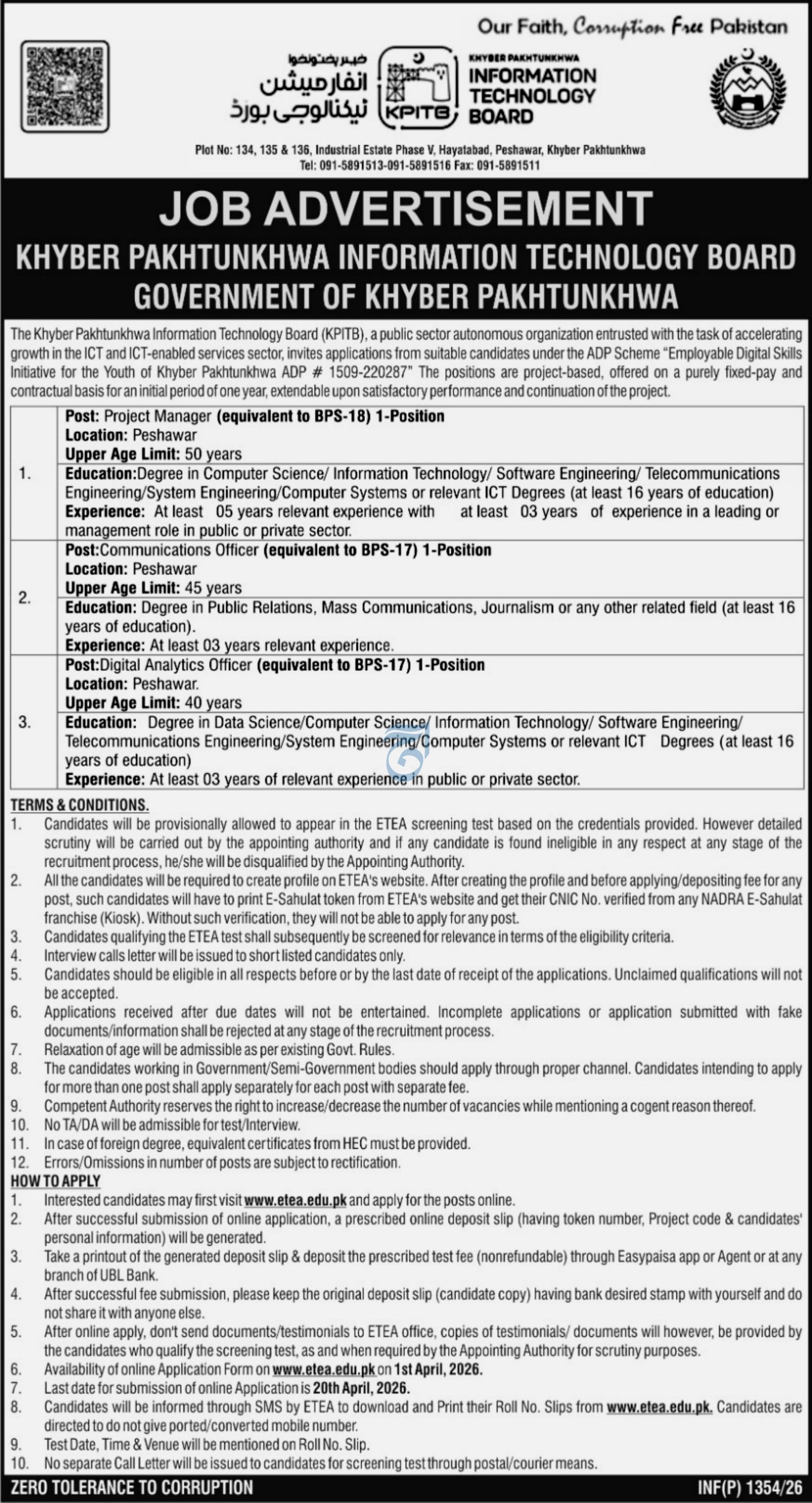 Khyber Pakhtunkhwa Information Technology Board KPITB Job – Khyber Pakhtunkhwa Information Technology Board (KPITB) Peshawar Jobs 2026 — original advertisement