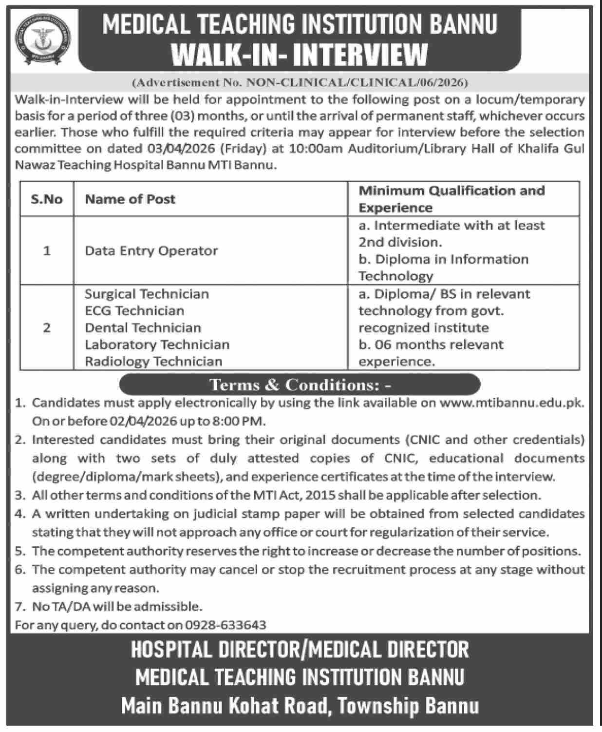 Khalifa Gul Nawaz Teaching Hospital MTI Bannu Jobs 2026 – Medical Teaching Institute MTI Khyber Teaching Hospital Peshawar Kpk Jobs 2026 — original advertisement