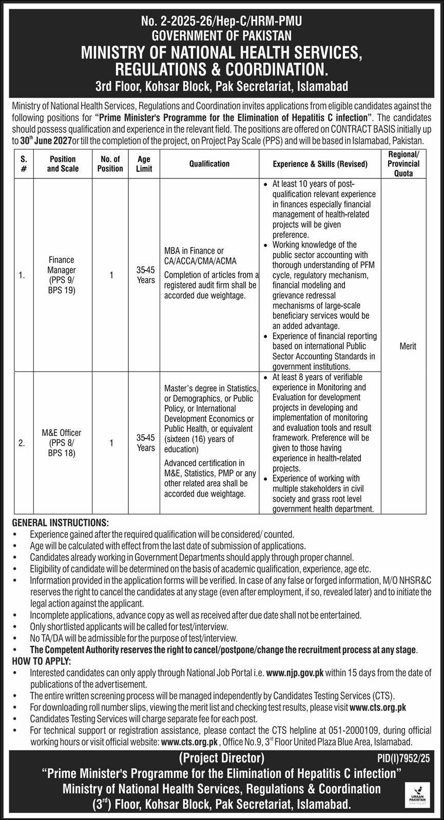 Ministry Of National Health Services Regulations Jobs – Ministry of National Health Services Regulation and Coordination Jobs 2026 — original advertisement