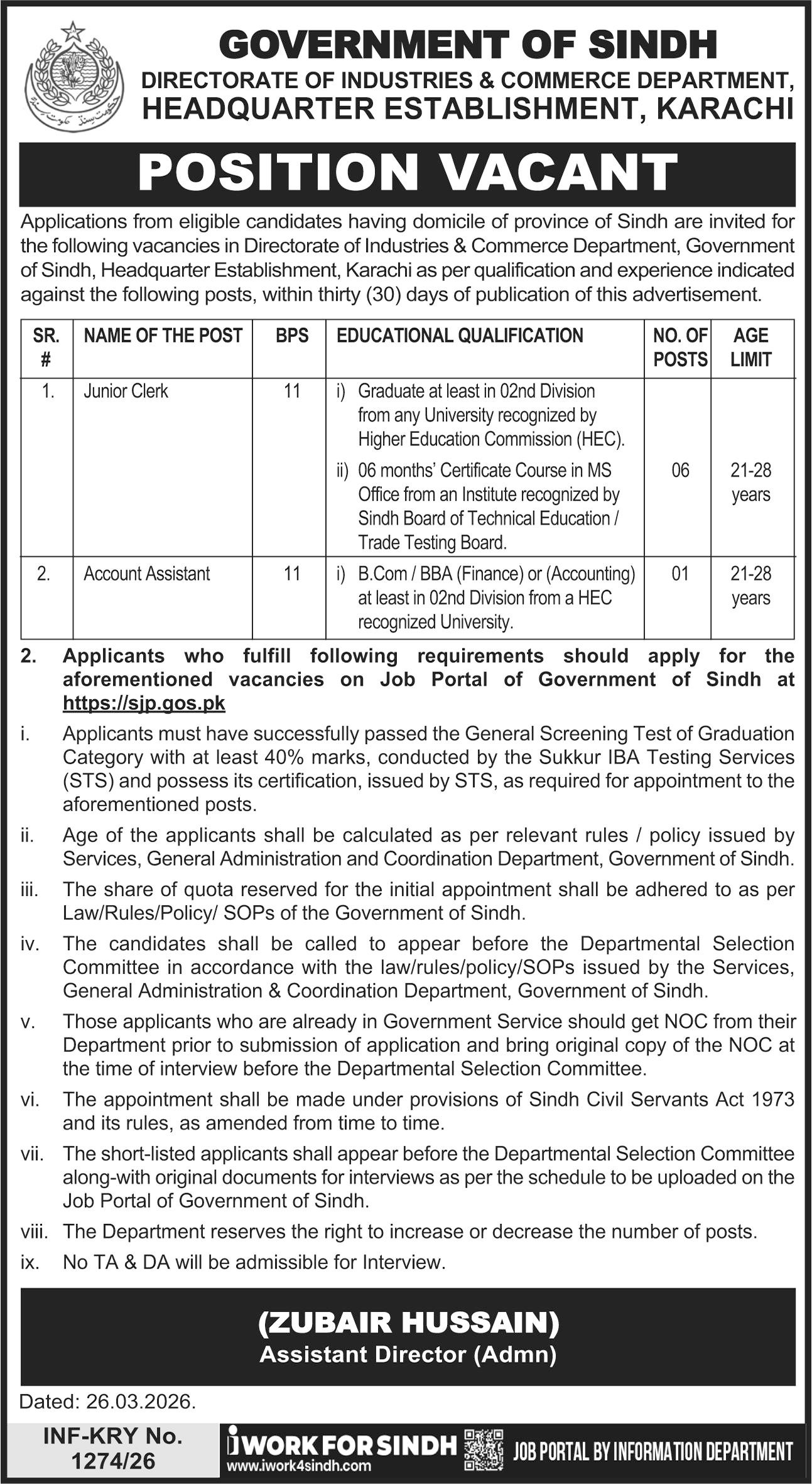Industries & Commerce Department Karachi Jobs 2026 – Govt of Sindh Jobs 2026 — original advertisement