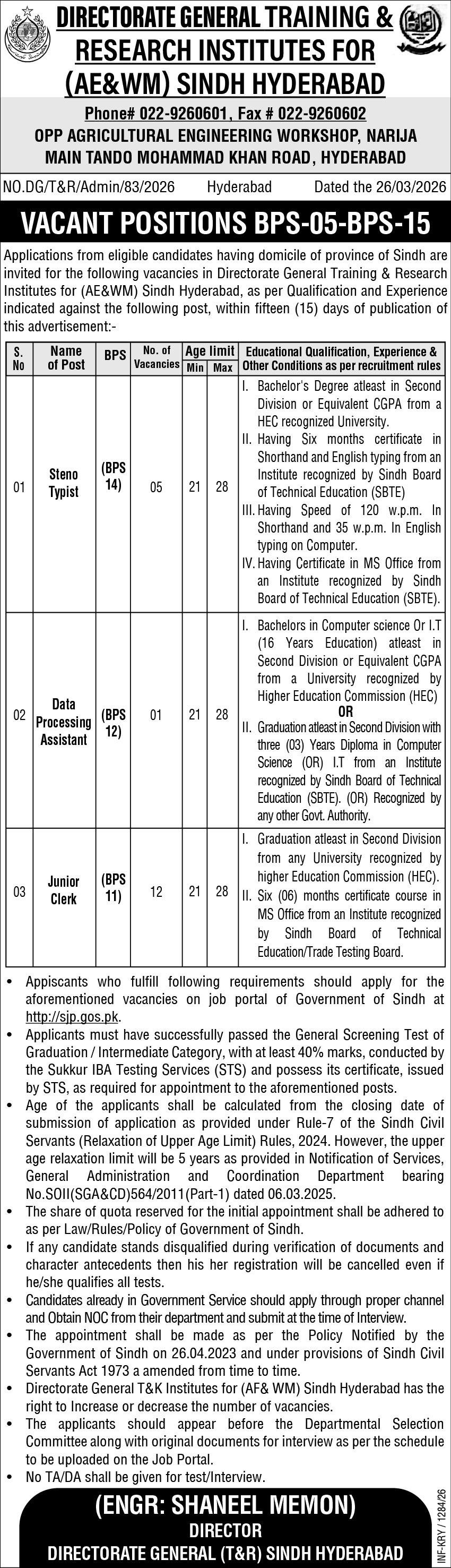 Training And Research Institute For AE&WM Sindh Jobs 2026 – Agriculture Department Sindh Jobs 2026 — original advertisement