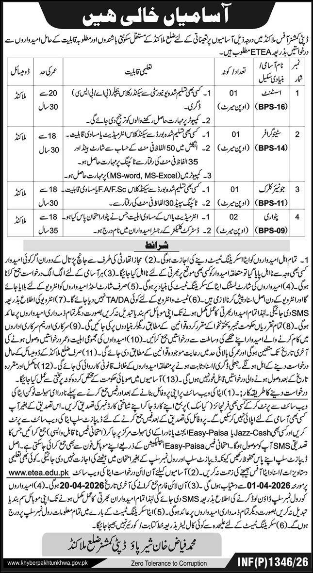 Deputy Commissioner's Office in Malakand Jobs 2026 – Revenue Department KPK Jobs 2026 — original advertisement