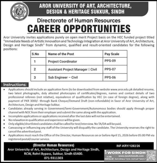 Aror University of Art, Architecture, Design & Heritage Jobs – Aror university of Art Architecture Design & Heritages Sukkur Jobs 2026 — original advertisement