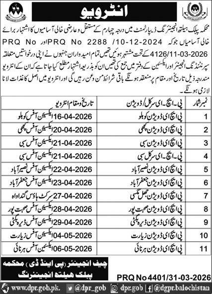 Public Health Engineering Department Sibi Jobs interview – Public Health Engineering Department Balochistan Jobs 2026 — original advertisement