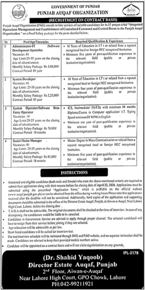 Punjab Auqaf Organization Lahore Jobs 2026 – Private Sector Organization Jobs 2026 — original advertisement
