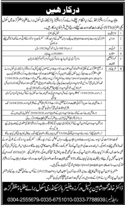 Punjab Workers Welfare Fund Muzaffargarh Job 2026 – Education School Department Punjab Jobs 2026 — original advertisement