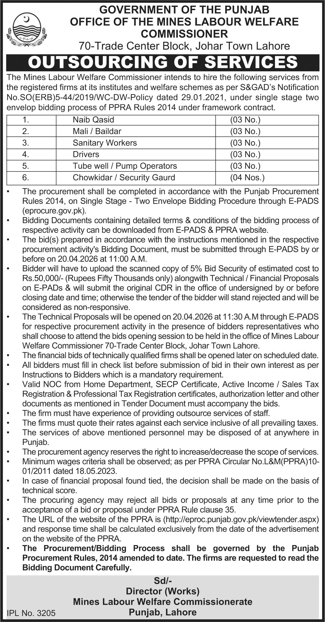Commissionerate of Mines Labour Welfare Lahore Jobs 2026 – Mines Labour Welfare Boys Higher Secondary School Jobs 2026 — original advertisement
