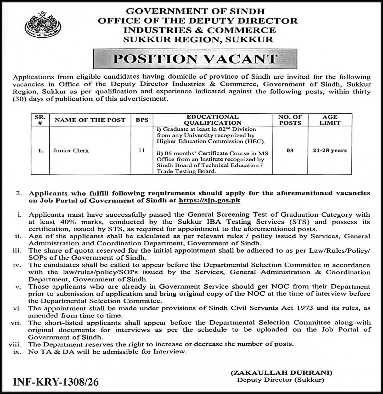 Industries & Commerce Department Sukkur Job 2026 – Govt of Sindh Jobs 2026 — original advertisement