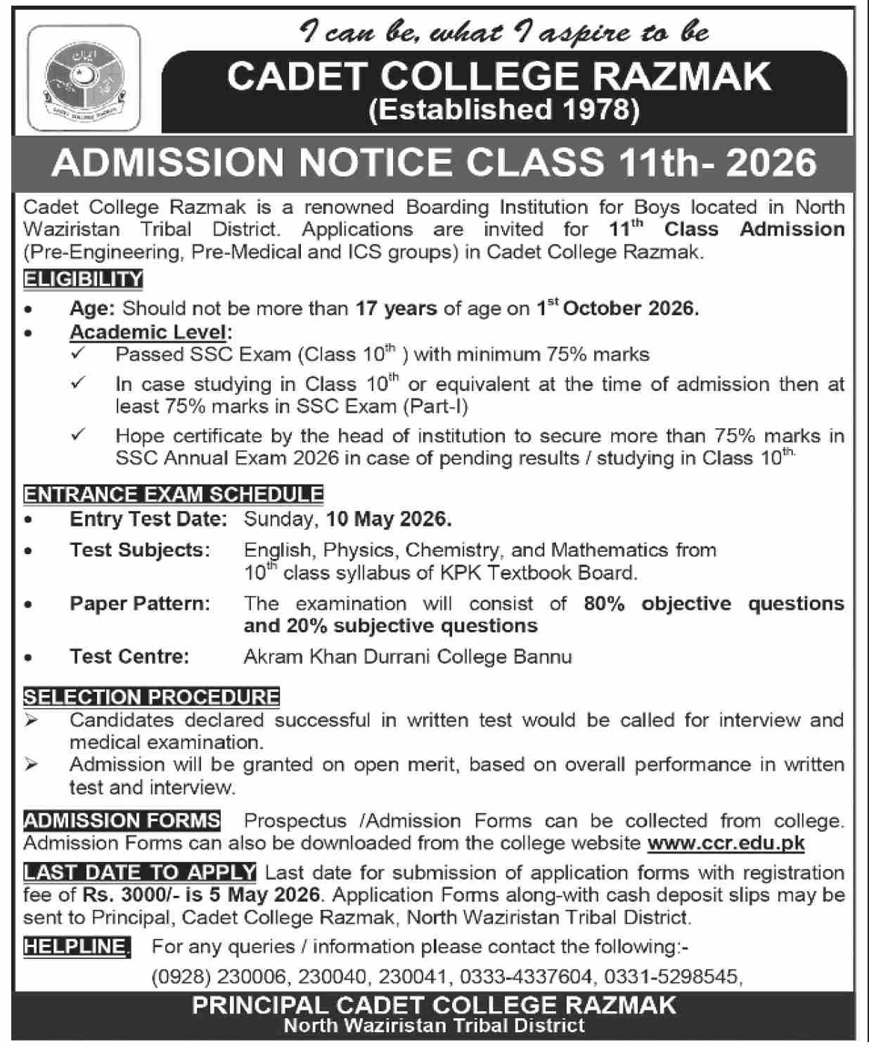 Admission Open in Cadet College Razmak 2026 Admissions 2026 — original advertisement