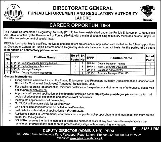 Punjab Enforcement And Regulatory Authority PERA Lahore Jobs – Public Sector Organization Jobs 2026 — original advertisement