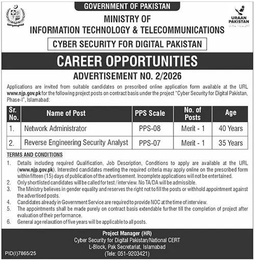 Ministry Of Information Technology MOITT Jobs 2026 – Ministry of Information Technology and Telecommunication Jobs 2026 — original advertisement