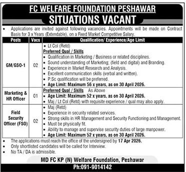 Frontier Corps Welfare Foundation Peshawar Jobs 2026 – Frontier Corps Kpk Jobs 2026 — original advertisement