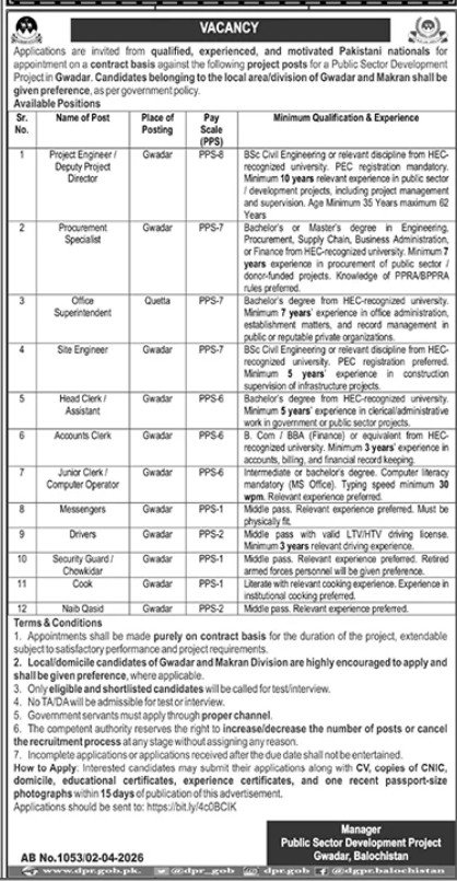 Public Sector Project Gwadar Jobs 2026 – Public Sector Organization Jobs 2026 — original advertisement