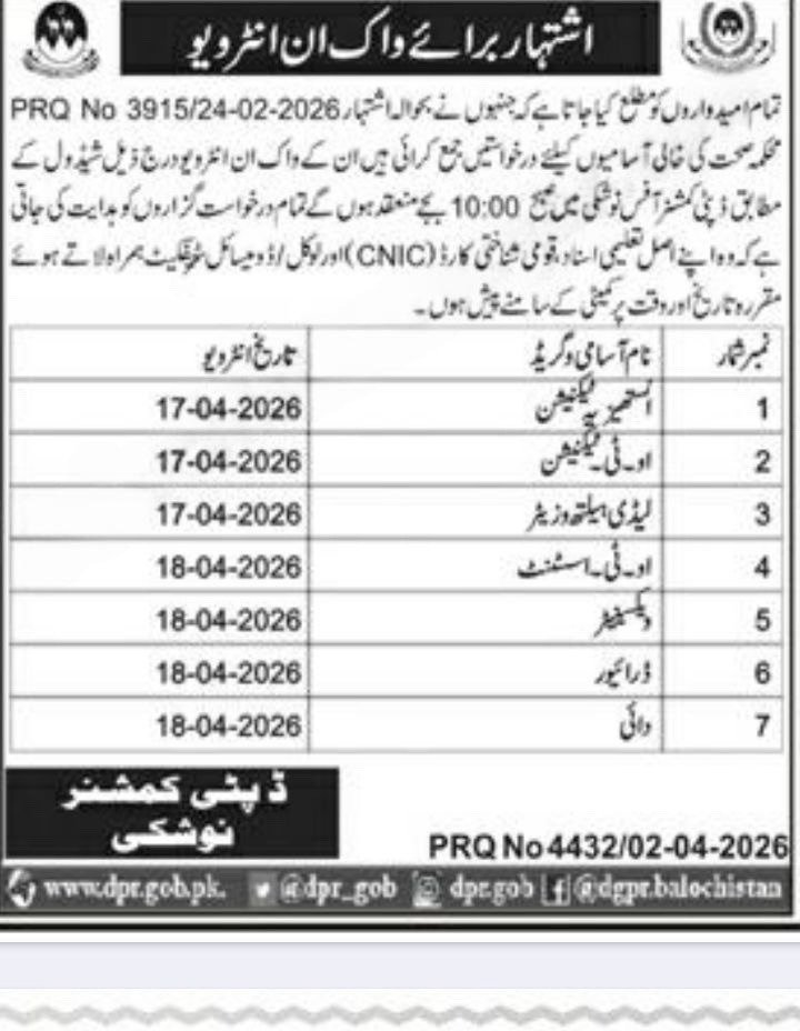 Deputy Commissioner DC Nushki Jobs Interview 2026 – Revenue Department Balochistan Jobs 2026 — original advertisement