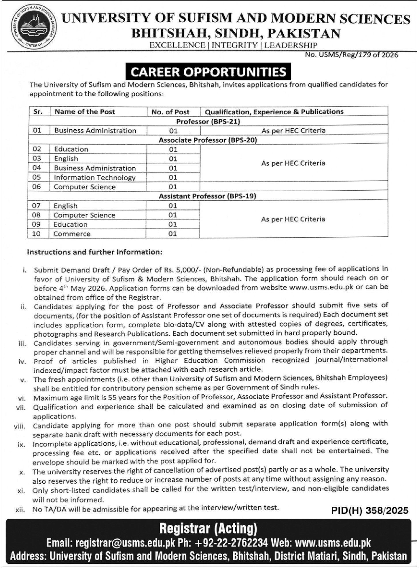 University Of Sufism & Modern Sciences Bhitshah Jobs 2026 – University of Sufism and Modern Sciences Bhitshah Jobs 2026 — original advertisement