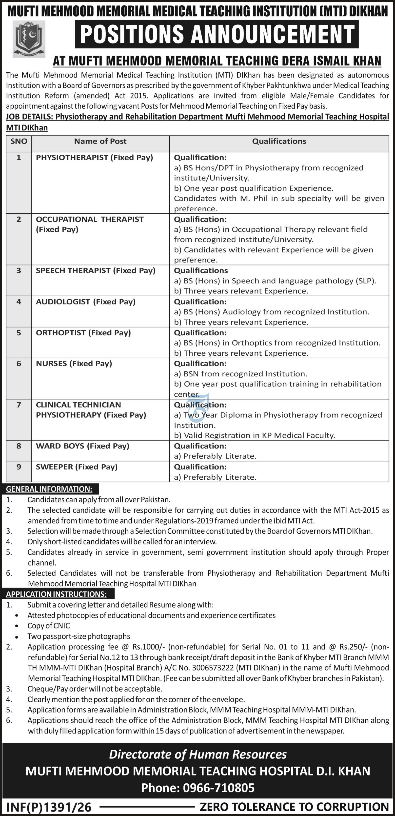 Mufti Mehmood Memorial Medical Teaching Institution MTI Jobs – Mufti Mehmood Memorial Teaching Hospital DI Khan Jobs 2026 — original advertisement