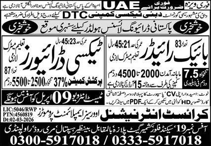 Taxi Driver & Bike Rider Jobs 2026 In UAE – Christian Technical Training Centre Jobs 2026 — original advertisement