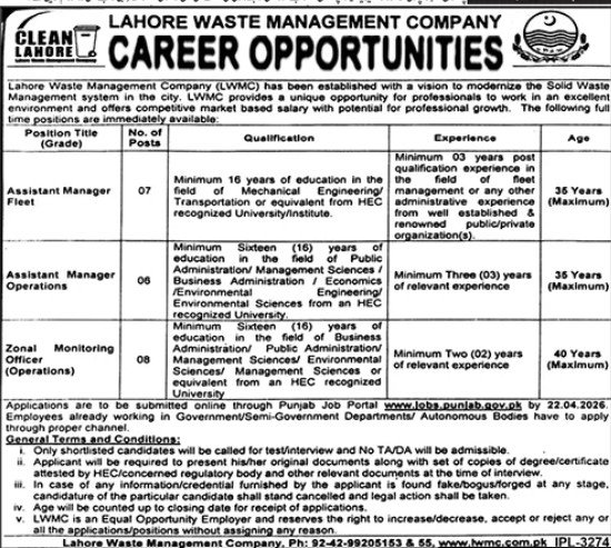 Lahore Waste Management Company (LWMC Jobs 2026 – Lahore Waste Management Company Lahore Jobs 2026 — original advertisement