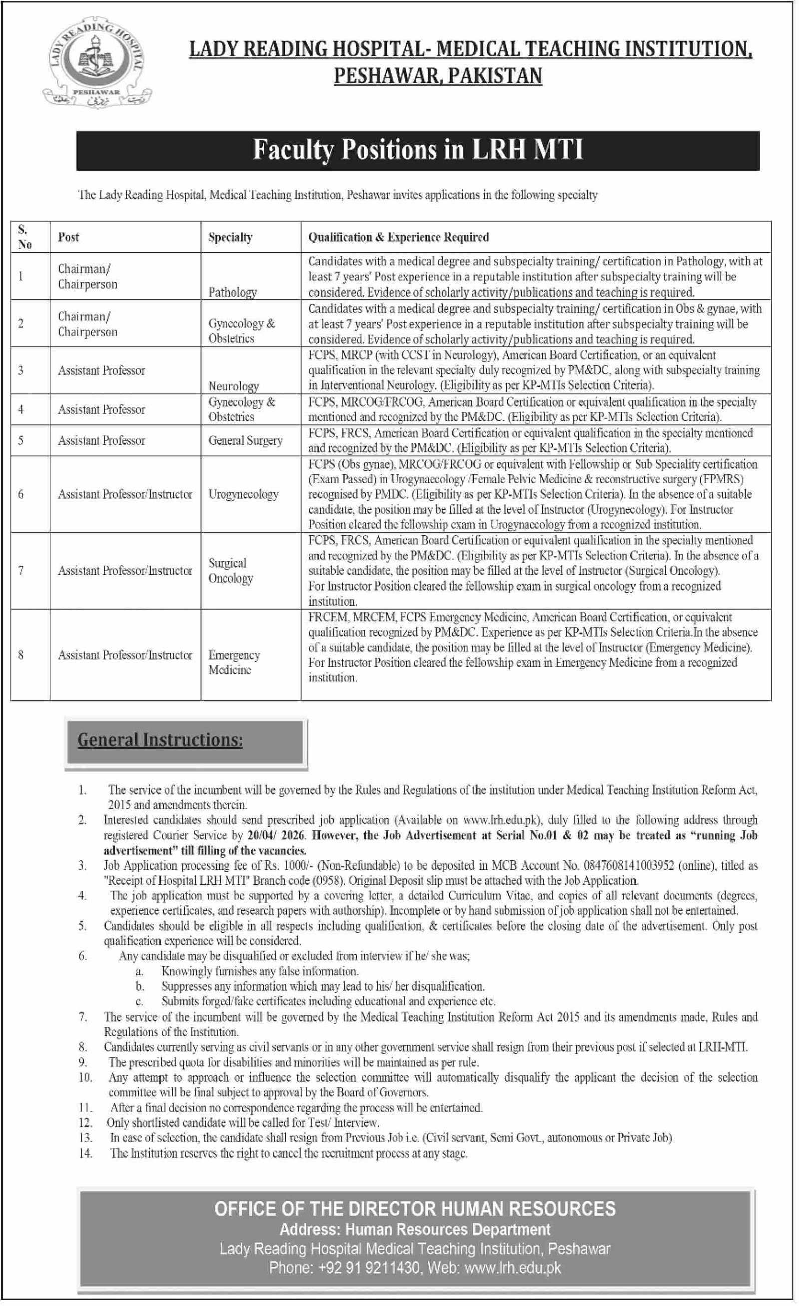 Lady Reading Hospital LRH MTI Peshawar Jobs 2026 – Lady Reading Hospital Peshawar Jobs 2026 — original advertisement