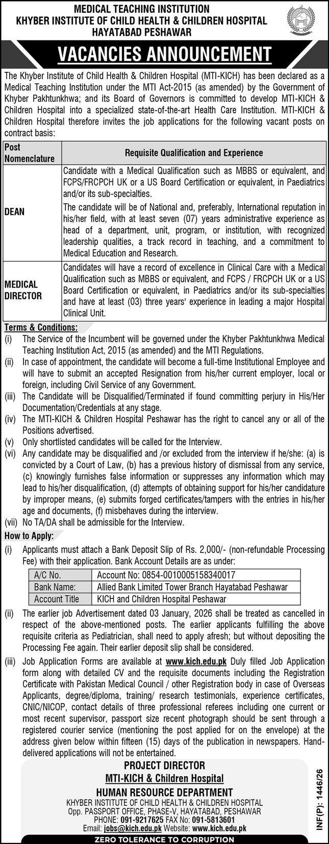 Khyber Institute Of Child Health & Children MTI KICH Jobs – khyber institute of Veterinary sciences Peshawar Jobs 2026 — original advertisement