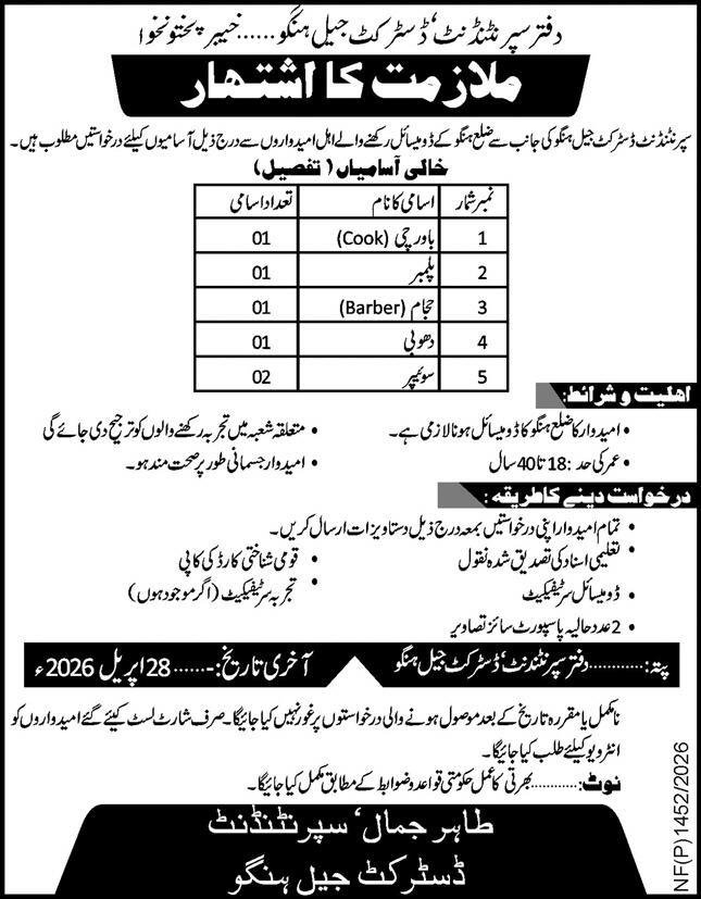 District Jail Hangu Jobs 2026 For Cook & Barber – Govt of Kpk Jobs 2026 — original advertisement
