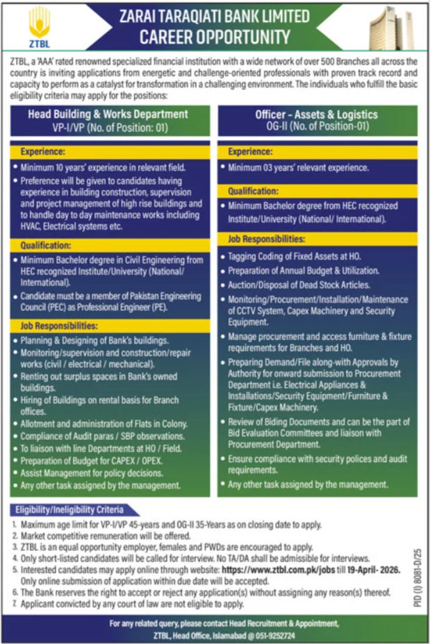 Zarai Taraqiati Bank Limited ZTBL Islamabad Jobs 2026 Jobs 2026 — original advertisement