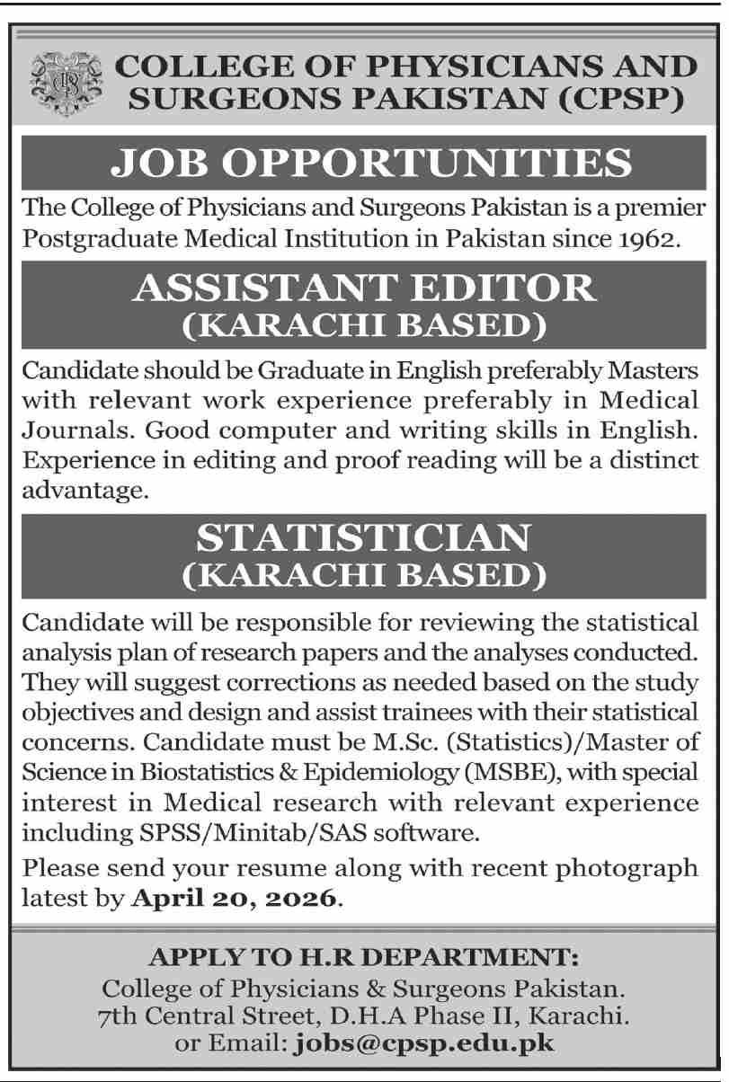 College Of Physicians And Surgeons Jobs 2026 – College of Physicians and Surgeons Pakistan Jobs 2026 — original advertisement