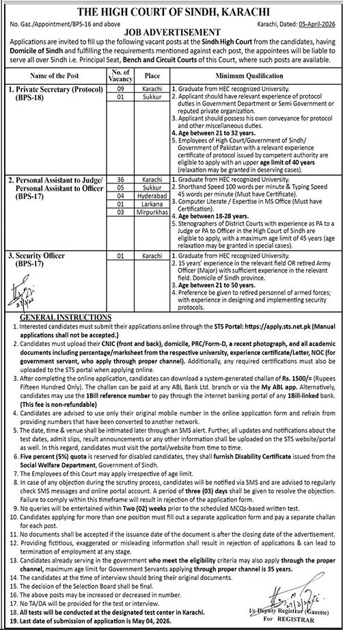 High Court of Sindh Karachi Jobs 2026 – Sindh High Court Jobs 2026 — original advertisement