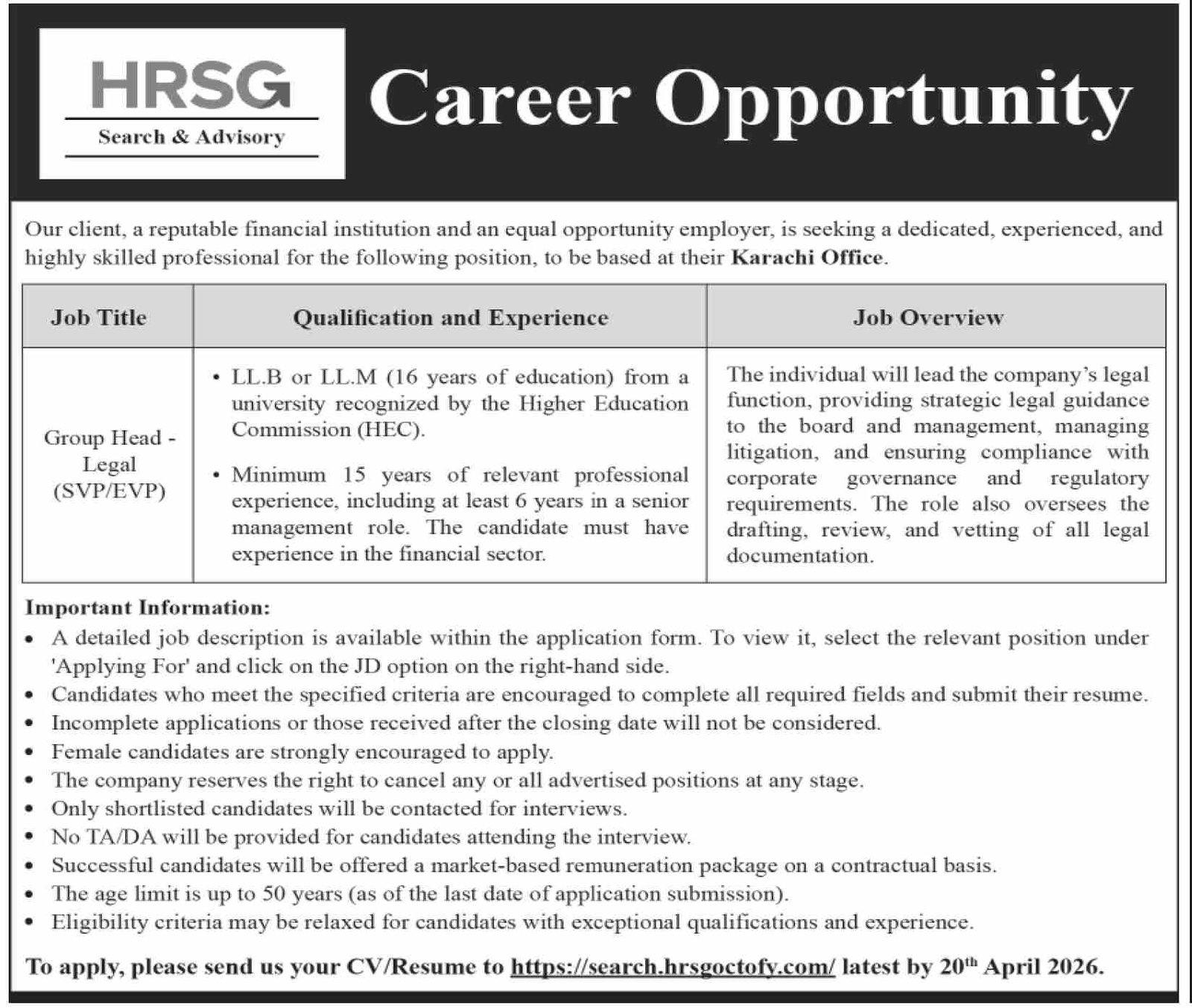 HRSG Search & Advisory Karachi Jobs 2026 – HRSG People and Business karachi Jobs 2026 — original advertisement